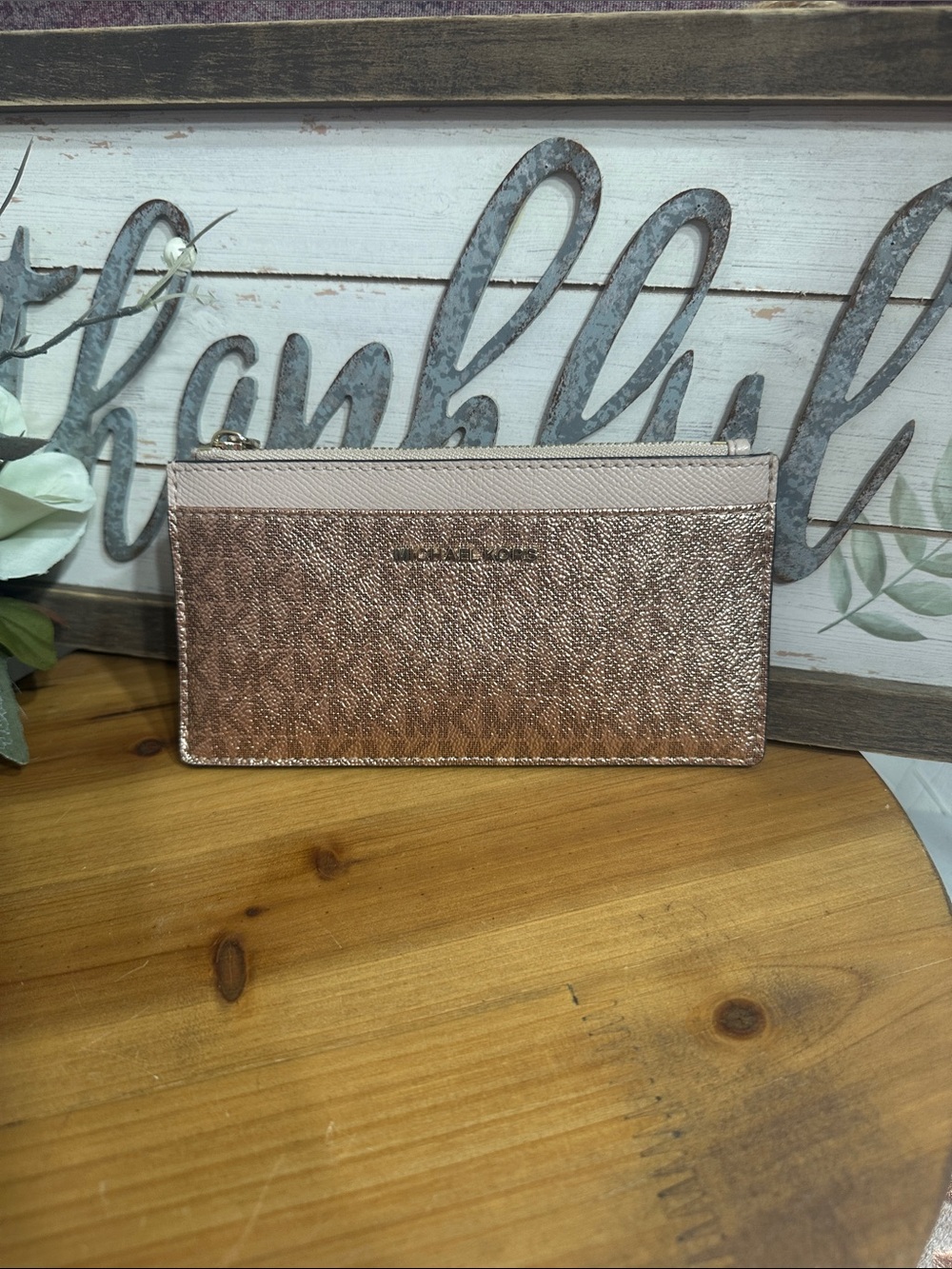 NWOT Michael Kors Rose Gold Metallic Zip Card Case Wallet